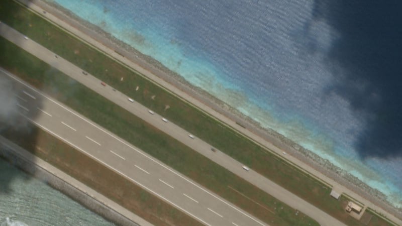 A snapshot of a few cars in the convoy at Subi Reef, next to its airstrip, on of 22 cars on the artificial island in the South China Sea, Aug 27, 2020.