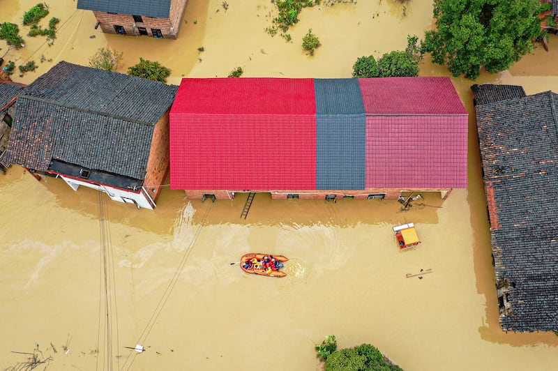 2024年7月28日，湖南省资兴市因受台风"格美"影响普降大雨发生洪灾。(法新社)