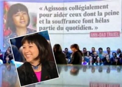 Bà Anh Đào Traxel nói chuyện với đài TH Le Grand Journal CanalPlus 