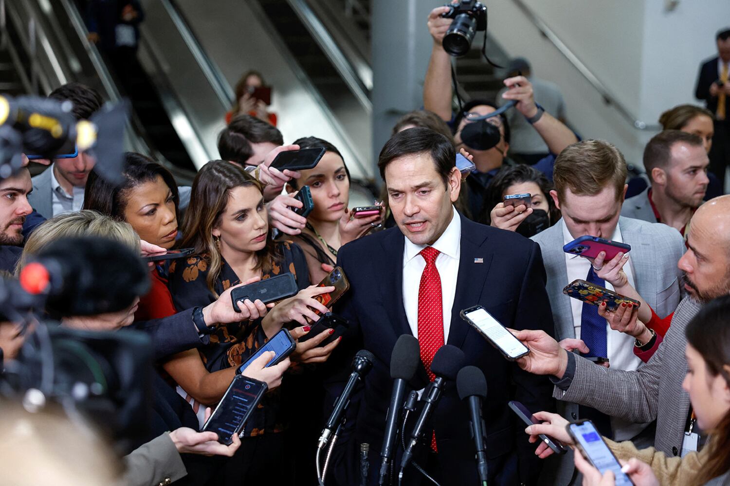 Sen. Marco Rubio speaks to the media after a classified briefing for senators about the latest unknown objects shot down by the U.S. military, on Capitol Hill in Washington, D.C., Feb. 14, 2023.