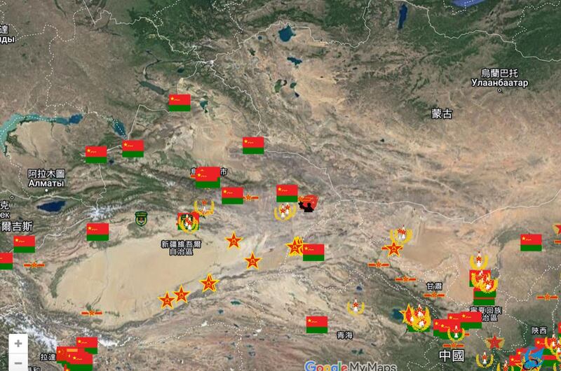 图四、温约瑟表示，新疆一带军事设施密度也高。（温约瑟中国人民解放军基地及设施”截图）
