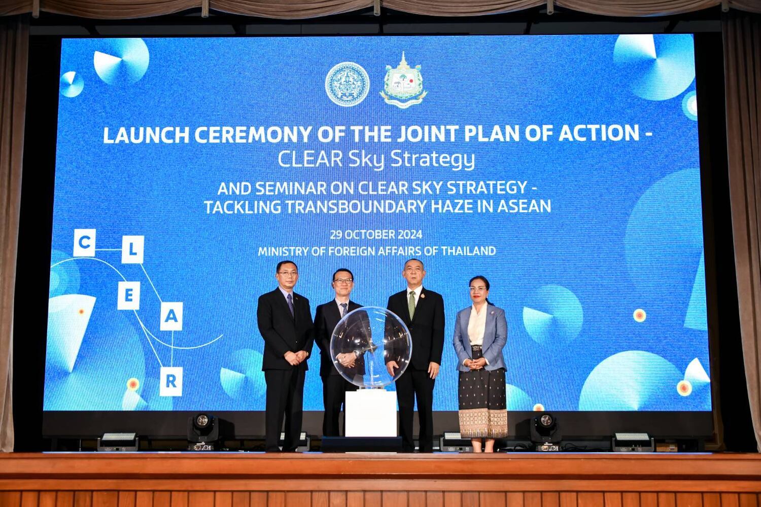 Caption: (L to R) Myanmar Environment Minister Khin Maung Yi, Thailand Deputy Foreign Secretary Paisan Rupanichkij, Thailand Environment Minister Chalermchai Sri-on and Lao Environment Minister Bounkham Vorlachit at the launch in Bangkok on Oct. 29, 2024 of a “Clear Sky” strategy to combat air pollution.