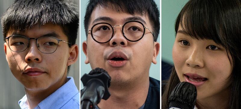 A combination of file photos showing Hong Kong pro-democracy activist Joshua Wong (L), activist Ivan Lam (C) and then-student activist Agnes Chow (R), who were jailed on December 2, 2020 for taking part in the huge democracy protests in 2019. Credit AFP