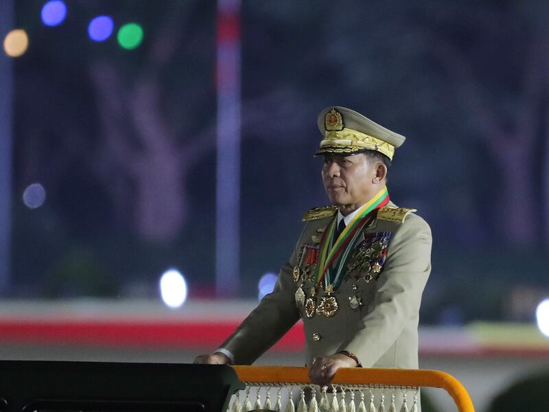 Myanmar Senior Gen. Min Aung Hlaing,  inspects officers during a parade to commemorate Myanmar's 79th Armed Forces Day, in Naypyitaw, Myanmar, March 27, 2024.