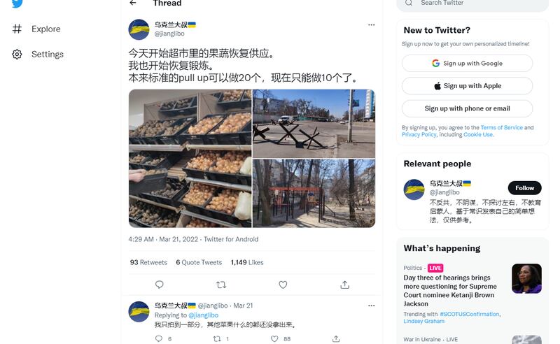 "Ukraine Uncle" shares close-up clips of his local coffee-shop, poignant glimpses of Ukrainians carrying on with their lives, and before-and-after shots of shelled buildings on his Twitter page.