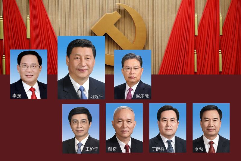 中共领导人习近平和他的新一届新一届中共中央政治局常委成员。（RFA制图）