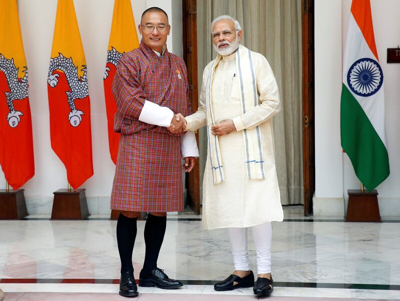 Bhutan's Prime Minister Tshering Tobgay with his Indian counterpart Narendra Modi before their meeting at Hyderabad House in New Delhi, India, July 6, 2018. (Altaf Hussain/Reuters)