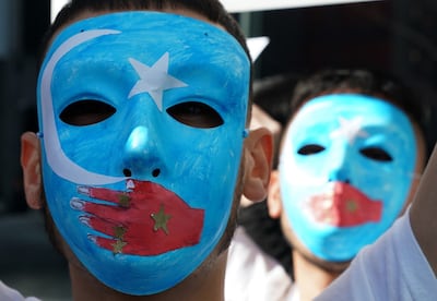 Uyghurs rally to press the State Department to fight for the freedom of the majority-Muslim Uyghur population unjustly imprisoned in Chinese re-education camps, at the US Mission to the United Nations, Feb. 5, 2019.