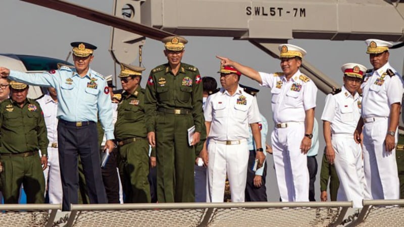 Myanmar's commander-in-chief Senior General Min Aung Hlaing (3rd from R) gestures during a celebration marking the Myanmar Navy's 72nd anniversary in Yangon, Dec. 24, 2019.