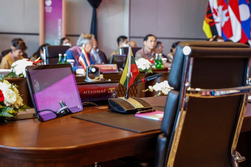 The vacant chair for the Myanmar delegation is seen at the Association of Southeast Asian Nations (ASEAN) Foreign Ministers' meeting in Labuan Bajo, Indonesia, Tuesday, May 9, 2023. Credit: Pool/AFP