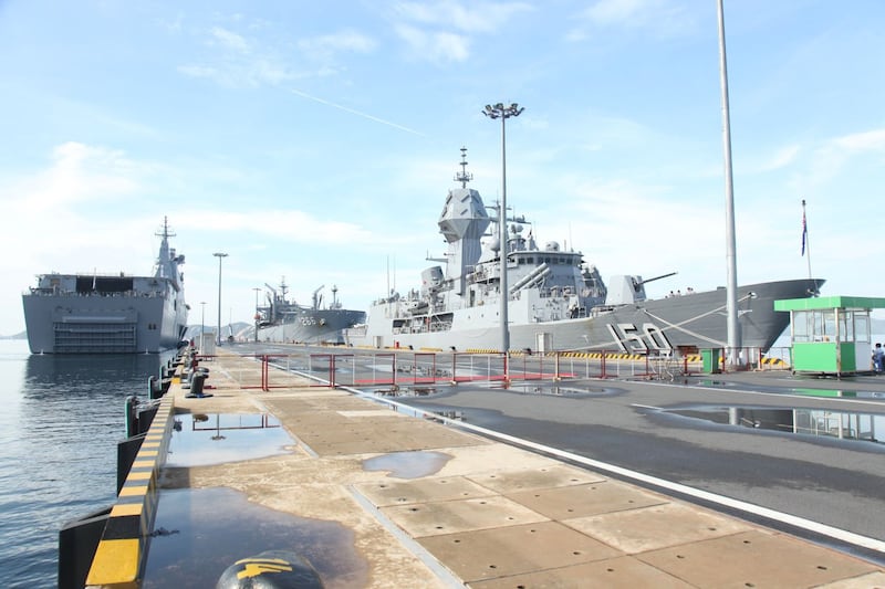 Three ships of the Australian maritime task group -- the amphibious assault vessel HMAS Canberra, the frigate HMSA Anzac, and the replenishment ship HMAS Sirius -- visit Cam Ranh port in central Vietnam for a four-day stopover, Sept. 20, 2021. Credit: Australian Embassy, Vietnam