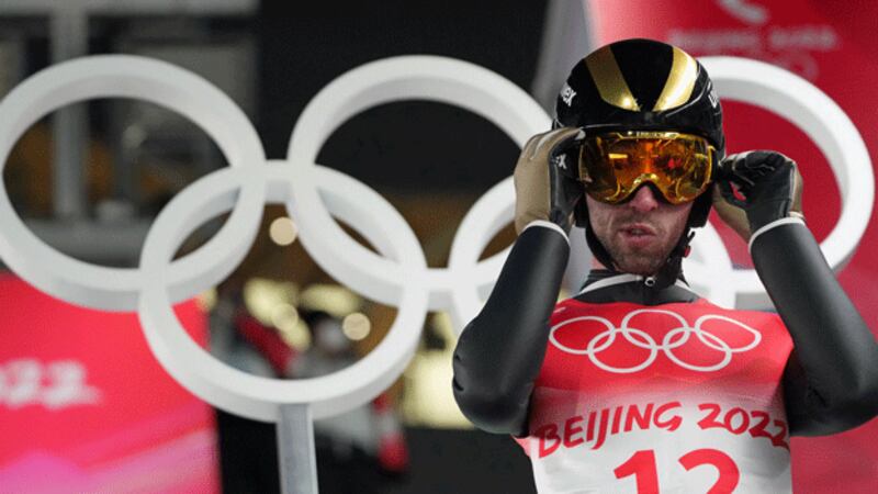 Turkey's Fatih Arda İpcioğlu competes during the ski jumping men's normal hill individual trial round at the Zhangjiakou National Ski Jumping Center during the Beijing 2022 Winter Olympic Games in Beijing, China, Feb. 6, 2022. Credit: AFP