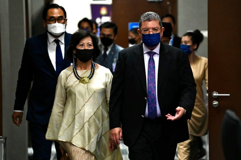 Malaysian Foreign Minister Saifuddin Abdullah (right) and the U.N. Secretary-General's Special Envoy on Myanmar, Noeleen Heyzer, attend a press conference at Parliament House in Kuala Lumpur, July 26, 2022. Credit: Handout photo from Malaysia's Department of Information via AP Photo