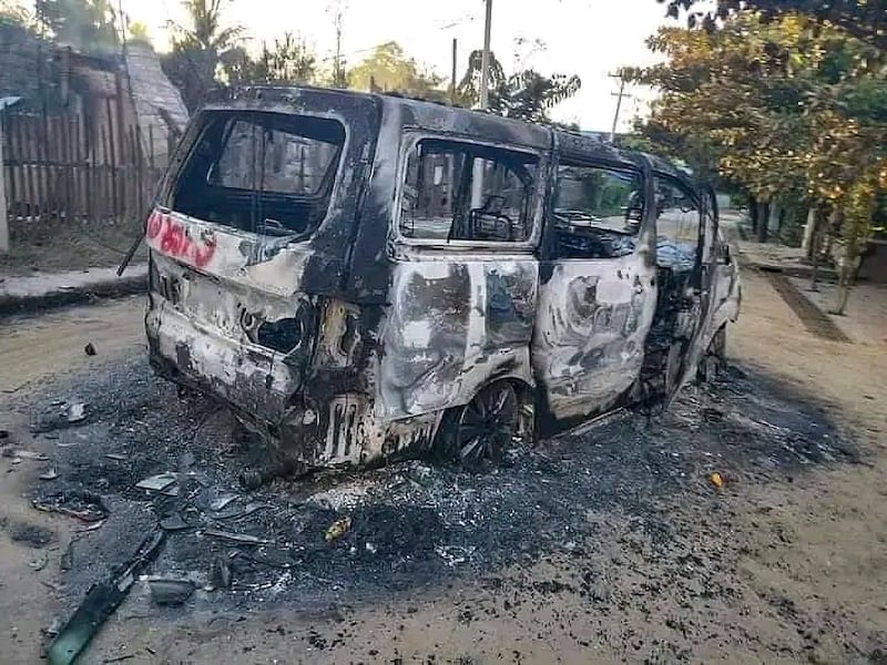 A van torched by junta troops remains in Su Tat village, Tabayin township, Sagaing region, Myanmar, in this undated photo. Credit: Tabayin Township Public Administration Team