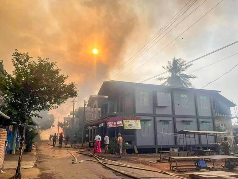 Houses burn following a naval attack from a nearby river by the military junta, in Dhamma Tha village, Kyaikmaraw township, in southern Myanmar's Mon state, March 27, 2024. (Mi Jandai Mon via Facebook)