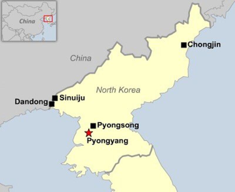 A map of North Korea showing Chongjin, Sinuiju, Pyongsong, and Pyongyang. 