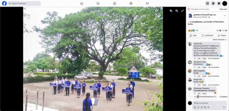 Students attend a morning national flag-raising ceremony at the National University of Laos in Vientiane, Laos, in a Facebook post dated May 26, 2024. (Lao language literature teacher via Facebook)