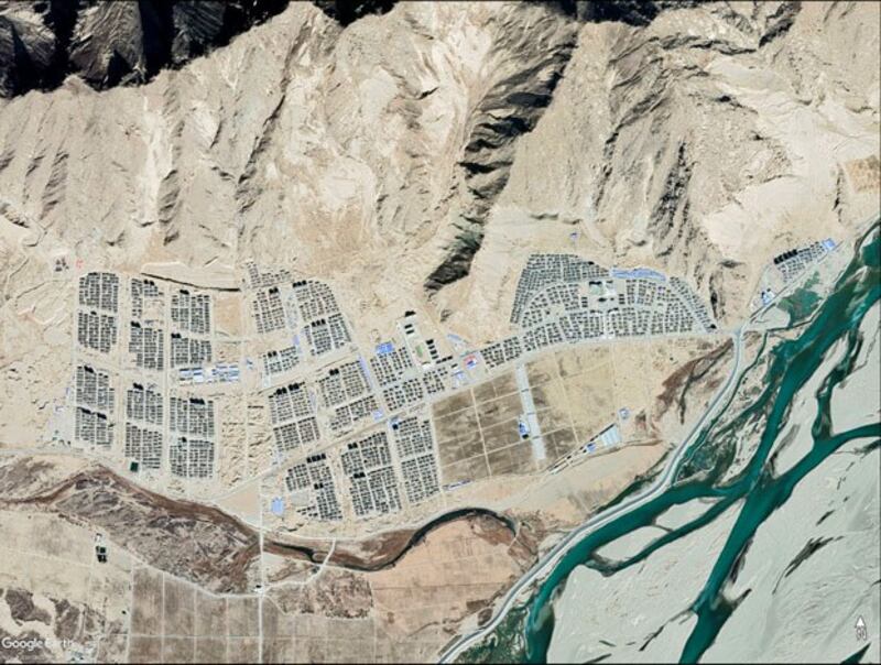 Satellite imagery shows the Sinpori resettlement site 60 kilometers (37 miles) southwest of Lhasa, capital of western China's Tibet Autonomous Region, Dec. 25, 2020. (Google Earth via HRW)