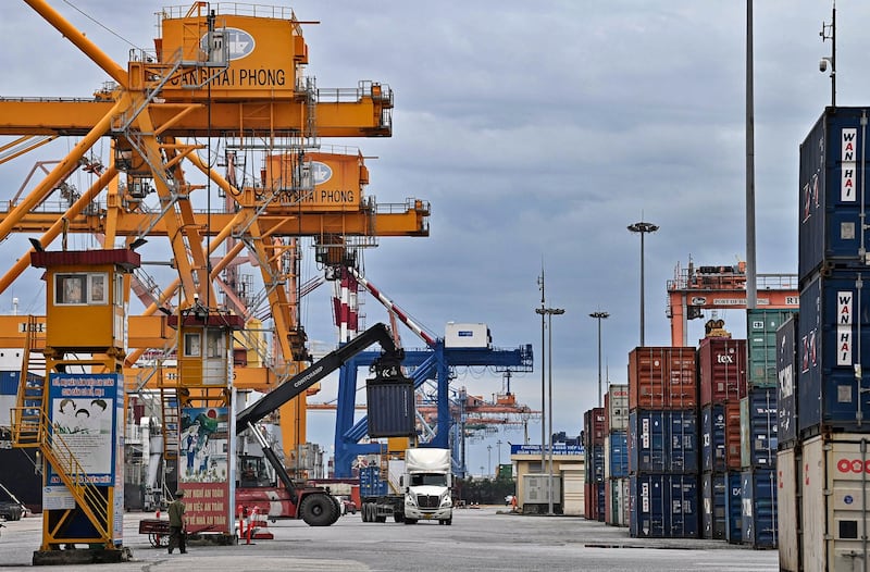 Tan Vu container port in Hai Phong in 2023. Vietnam's exports fell for five consecutive months in 2023, the longest slump in 14 years. (Nhac Nguyen/AFP)