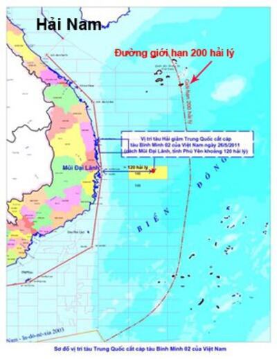 Vị trí tàu hải giám Trung Quốc cắt cáp tàu Bình Minh 02 của Việt Nam. 