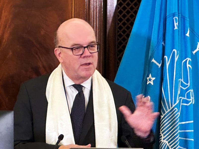 Representative Jim McGovern, D-Mass., addresses a ceremony where the Tibetan 'Monlam Grand Dictionary' was presented at the Library of Congress, Dec. 12, 2024.