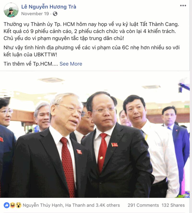 Một status trên trang Facebook Lê Nguyễn Hương Trà về cuộc họp của thường vụ Thành uỷ TP Hồ Chí Minh về kỷ luật ông Tất Thành Cang