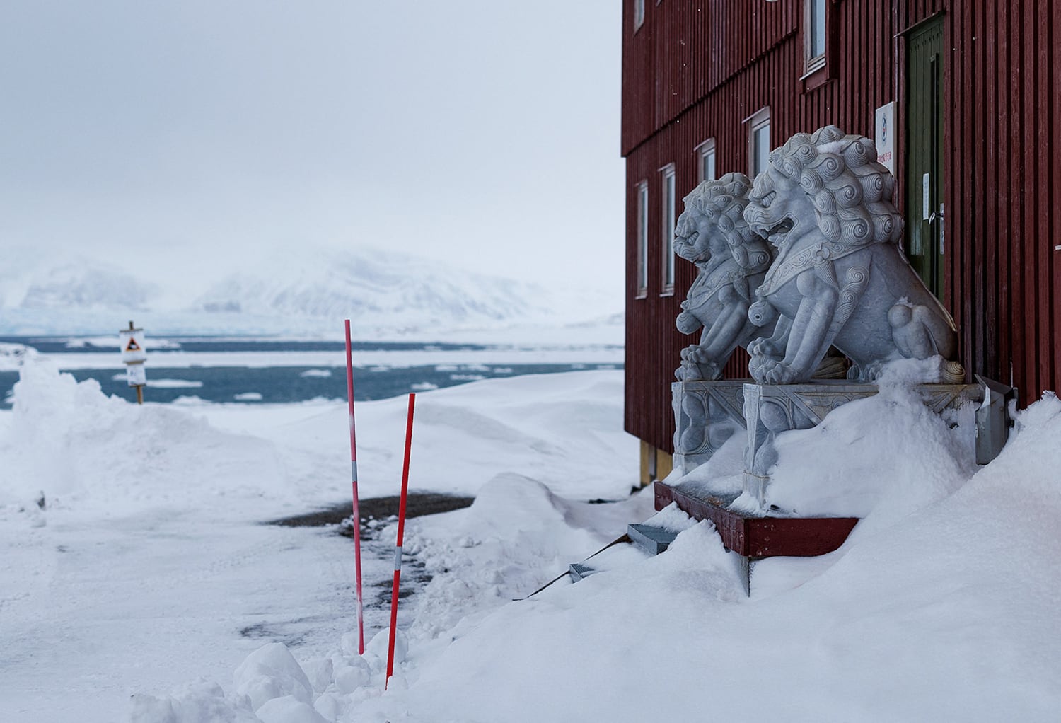 Lion statues adorn the entrance of China's Yellow River Research Station in Ny-Ålesund, Svalbard, Norway, April 6, 2023.