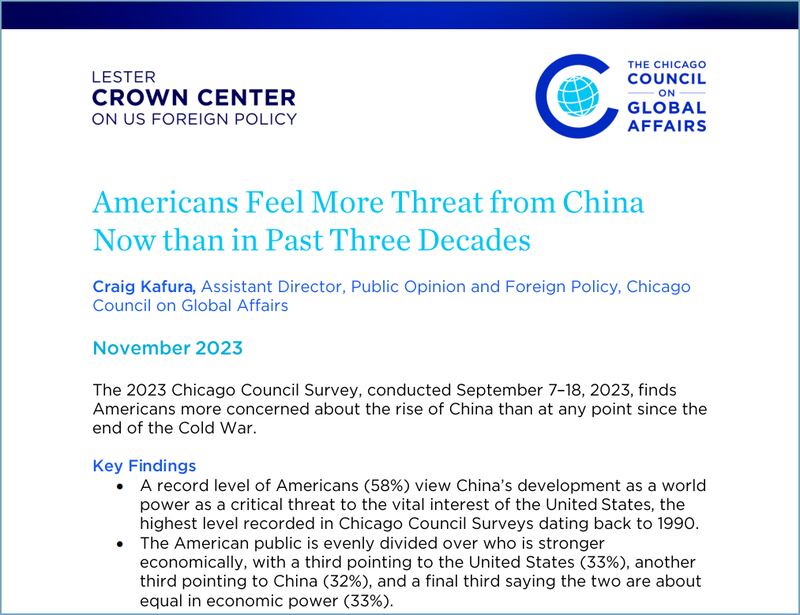 美国非营利国际事务机构芝加哥全球事务委员会（The Chicago Council on Global Affairs）就美国人对中国的观感发布的最新民意调查报告封面截图（芝加哥全球事务委员会官网）