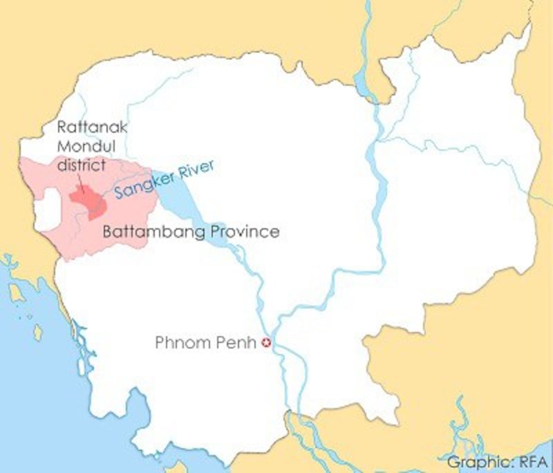 A map of the Sangker River in Battambang province in Cambodia.