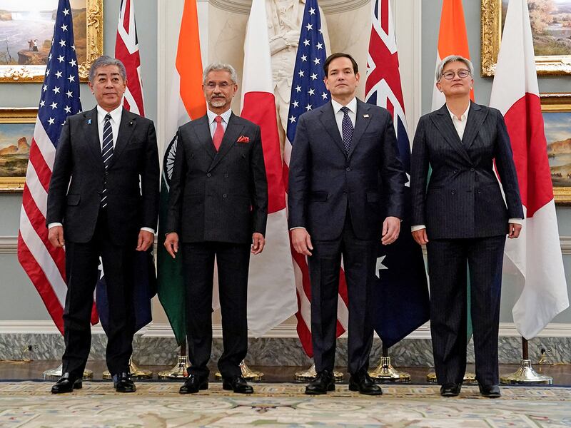 Secretary of State Marco Rubio, second from right, meets with Indian External Affairs Minister Dr. Subrahmanyam Jaishankar, Australian Foreign Minister Penny Wong, and Japanese Foreign Minister Takeshi Iwaya at the State Department in Washington, Jan. 21, 2025.