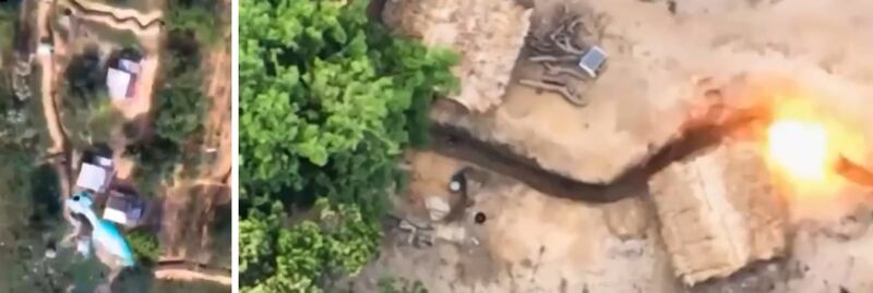 At left, a bomb [blue] begins to fall towards a target. At right, a bomb hits a Myanmar army trench. Credit: Yangon Revolution Force