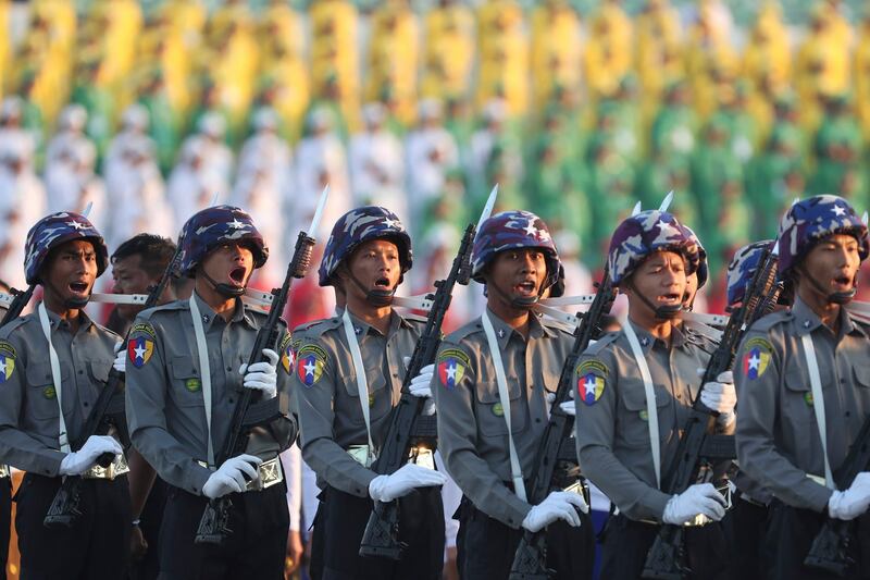 Police march during a ceremony marking Myanmar's Independence Day in Naypyidaw, Jan. 4, 2023. (Aung Shine Oo/AP)