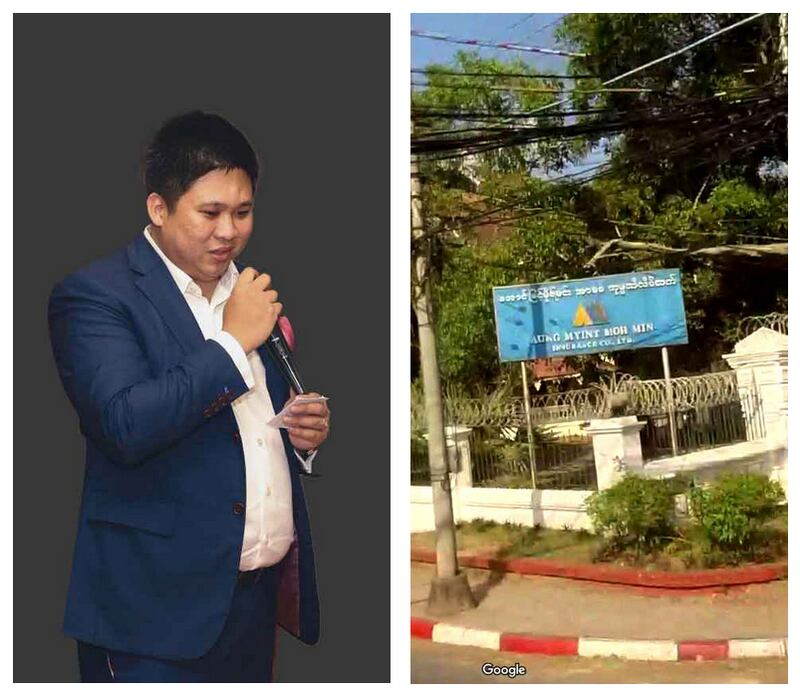 Aung Pyae Sone, Gen. Min Aung Hlaing's son, left, and Aung Myint Moh Min Insurance Company in Yangon in 2018.