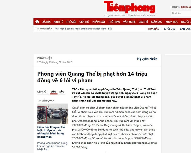 Phóng viên Quang Thế bị phạt hơn 14 triệu đồng về 6 lỗi vi phạm.