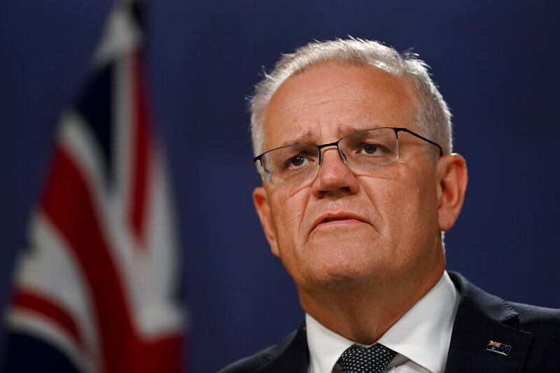 Australian Prime Minister Scott Morrison speaks at a press conference in Sydney, on Feb. 24, 2022. Credit: AAP Image via AP