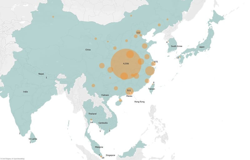 A map showing the latest confirmed cases of the novel coronavirus (nCoV) in Asia.