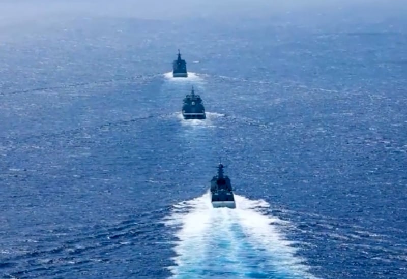 Naval ships from China’s Southern Theater Command taking part in combat readiness drills at Scarborough Shoal in the South China Sea on Dec. 29, 2024.
Credit: Southern Theater Command