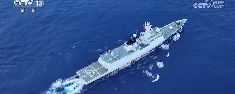 The Chinese guided-missile frigate Huaibei sails in the Taiwan Strait, Feb. 12, 2025.