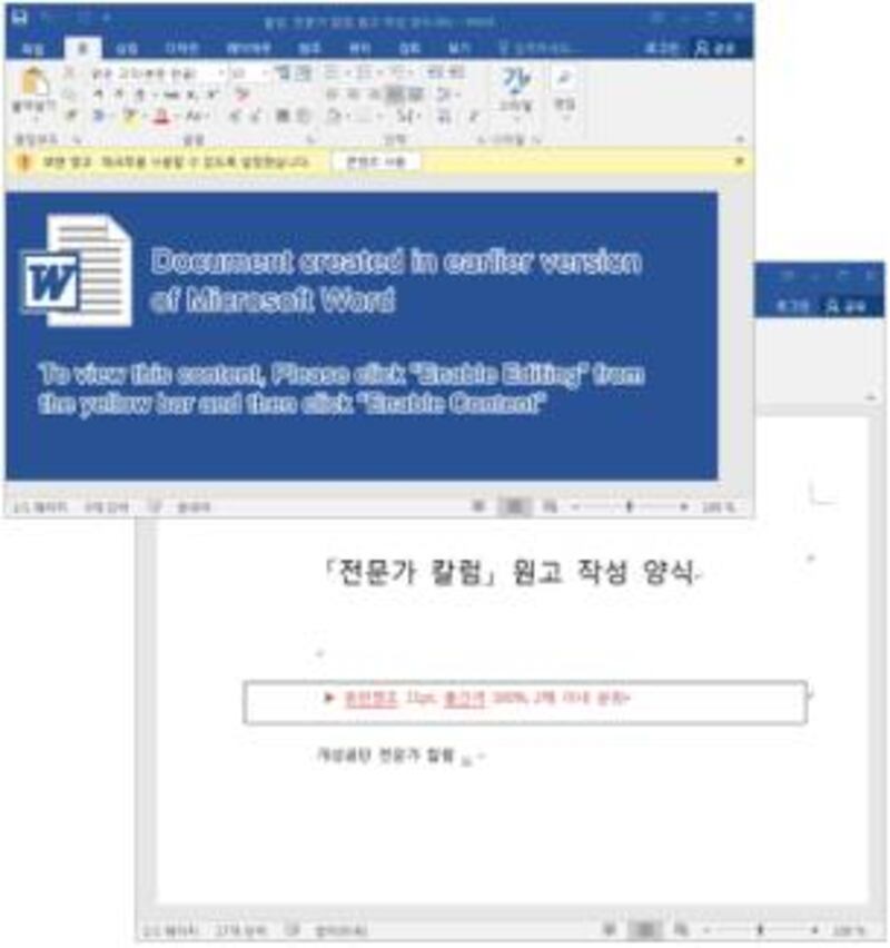 지난 18일 북한의 해킹 조직으로 알려진 김수키가 ‘개성공단 전문가 칼럼'이라는 워드문서로 위장시킨 파일을 실행 화면.