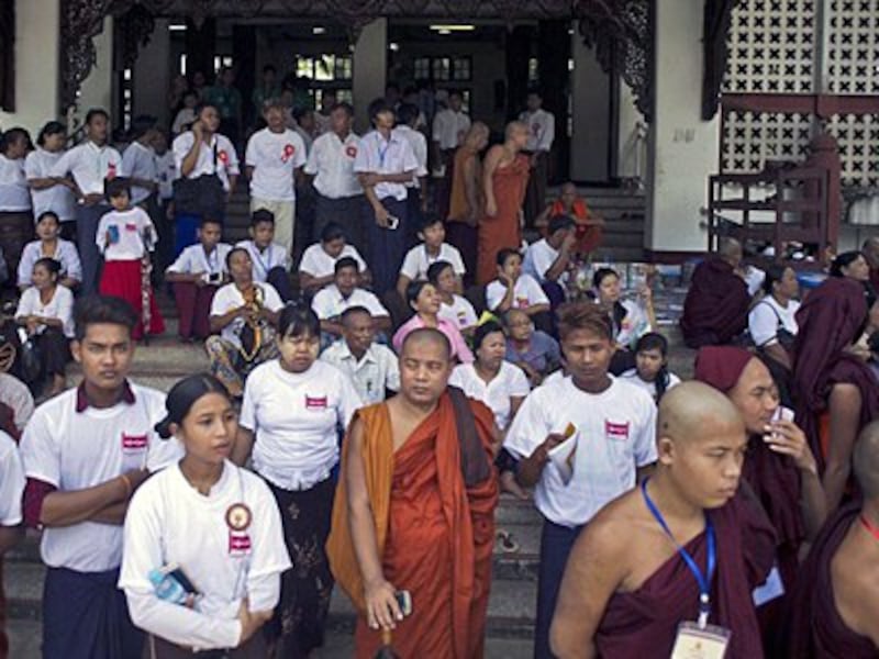 Buddhist monks and others attend a Ma Ba Tha event at a monastery in Yangon, Sept. 14, 2015. 