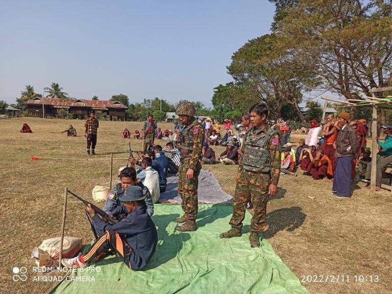 Pyu Saw Htee fighters train at a shooting range under the tutelage of junta soldiers, Feb. 11, 2022. RFA