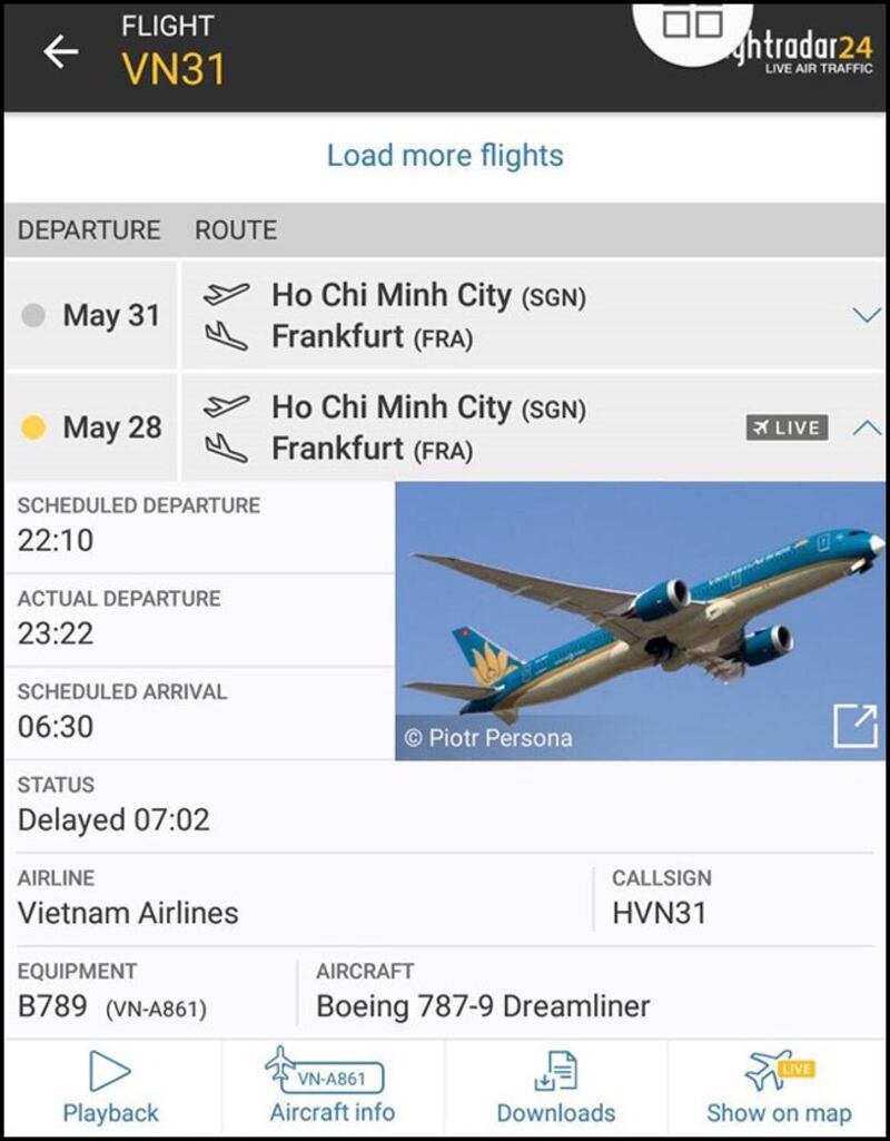 Thông tin về chuyến bay VN31 của Vietnam Airlines trên trang Flightradar24.