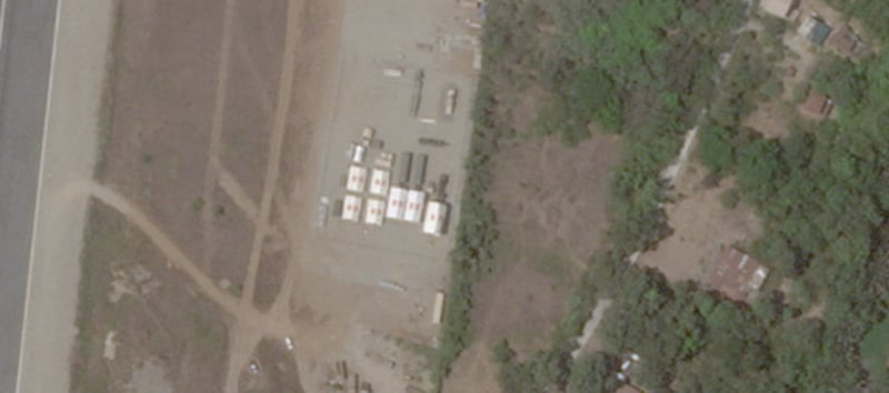 A view of the Typhon missile system at Laoag International Airport, in Laoag, Philippines, April 26, 2024, in this satellite image. 2024 Planet Labs Inc./Handout via REUTERS    THIS IMAGE HAS BEEN SUPPLIED BY A THIRD PARTY. MANDATORY CREDIT.