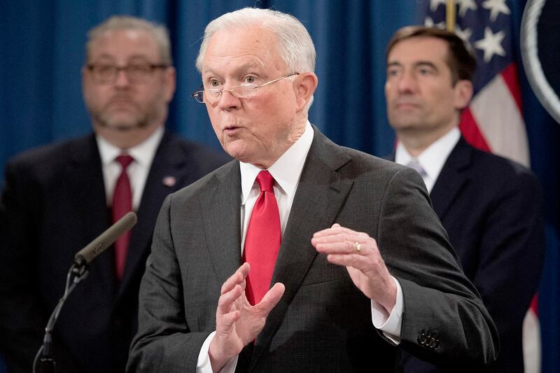 Then-Attorney General Jeff Sessions announcing the China Initiative to crack down on Chinese theft of U.S. intellectual property at the Justice Department in Washington, D.C., on Nov. 1, 2018. Credit: AFP