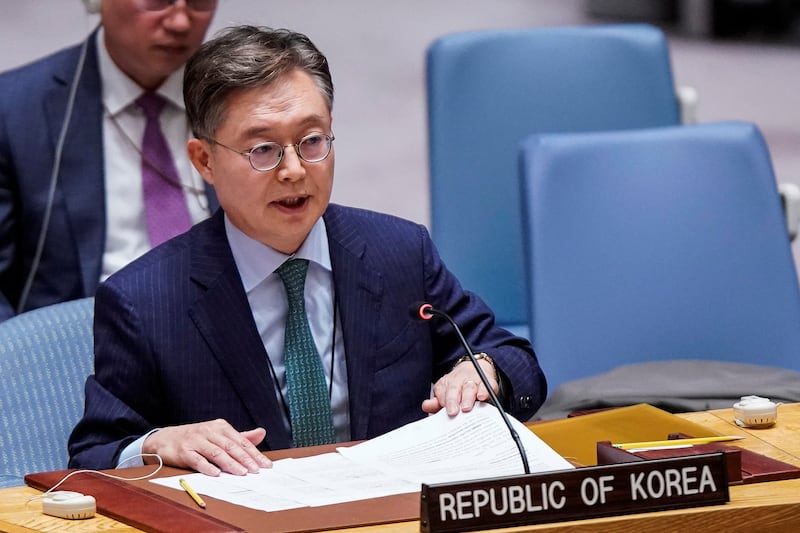 The Permanent Representative of the Republic of Korea to the United Nations, Hwang Joon-kook speaks to delegates during a meeting of the United Nations Security Council at U.N. headquarters in New York, U.S., Oct. 5, 2022.