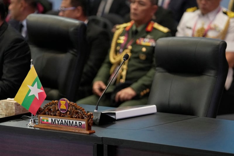 The seat reserved for Myanmar's head of delegation remains empty during the opening session of the 17th ASEAN Defense Ministers' Meeting in Jakarta, Indonesia, Nov. 15, 2023. (Dita Alangkara/Pool/AFP)