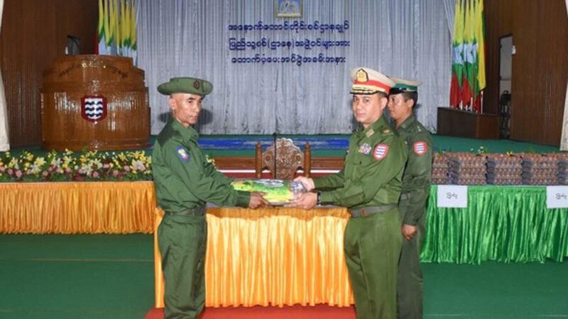 Southwestern commander Brig. Gen. Wai Lin meets with militia members from townships in the Ayeyarwady region on Sept. 22, 2023. (Myanmar military)