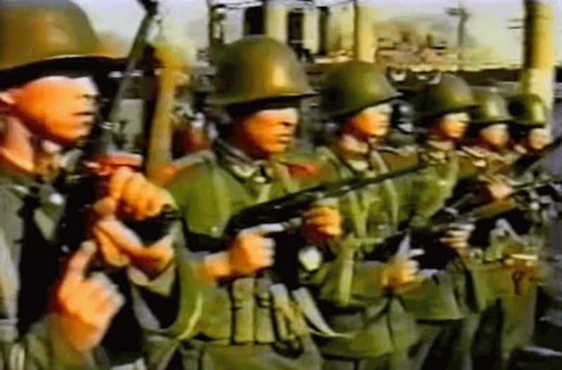 Chinese security forces prepare to face off with Uyghur protesters in Ghulja in northwestern China's Xinjiang region, February 1997, in a screenshot from a video of a Chinese television report smuggled out of China. Credit: UK's Channel 4 News report/YouTube