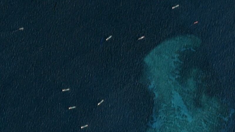 Closer up view of the satellite image taken just north of the Chinese-occupied base at South Johnson Reef, showing multiple, unidentified ships, March 22, 2020. 