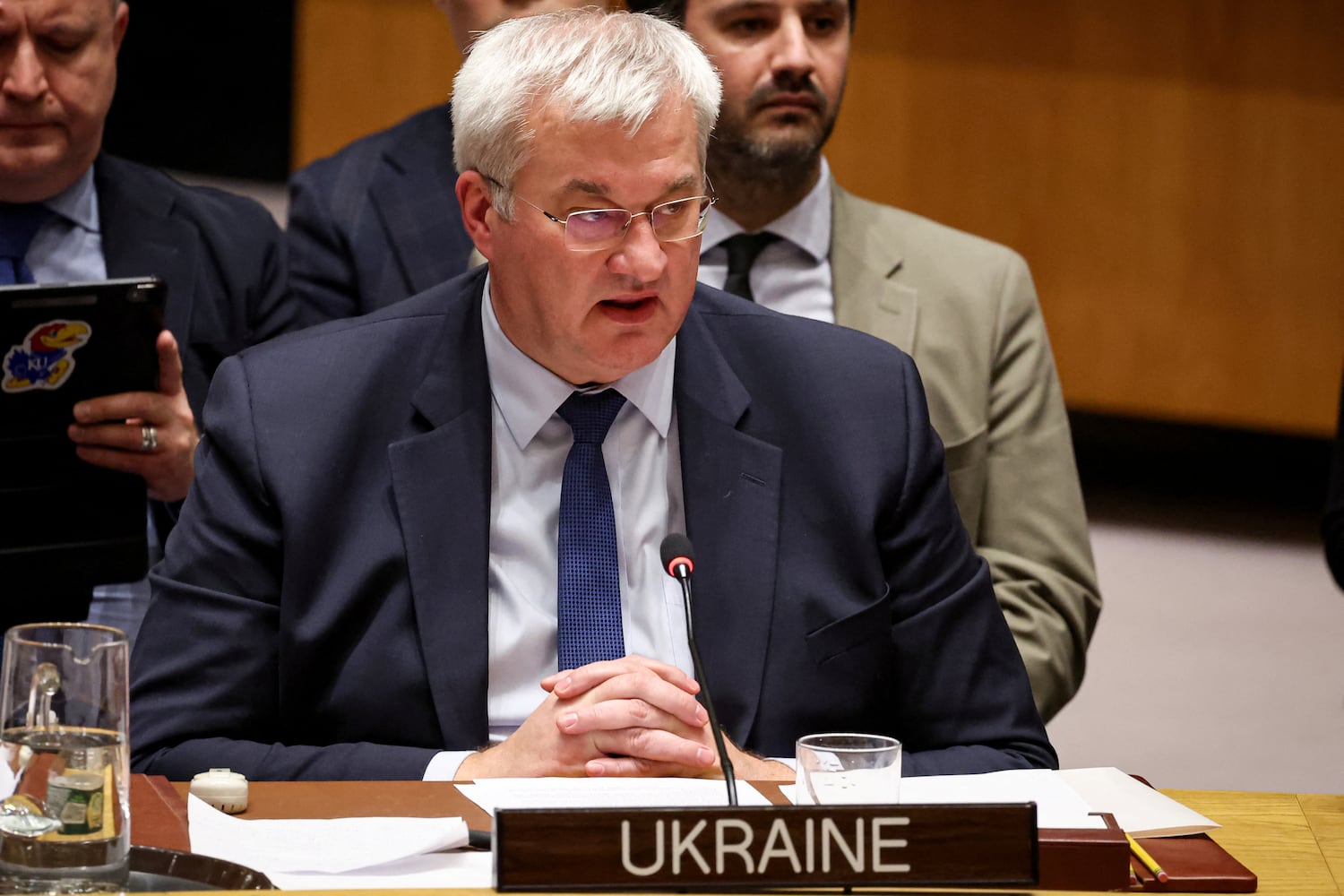 Ukrainian Foreign Minister Andrii Sybiha speaks during the UN Security Council meeting addressing the continuing conflict between Russia and Ukraine at U.N. headquarters in New York City, U.S., Nov, 18, 2024.